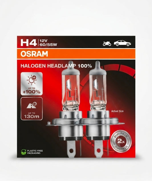 OSRAM H4 Halogen Headlamp Duo Pack – 12V 60/55W, Up to 100% More Ligh