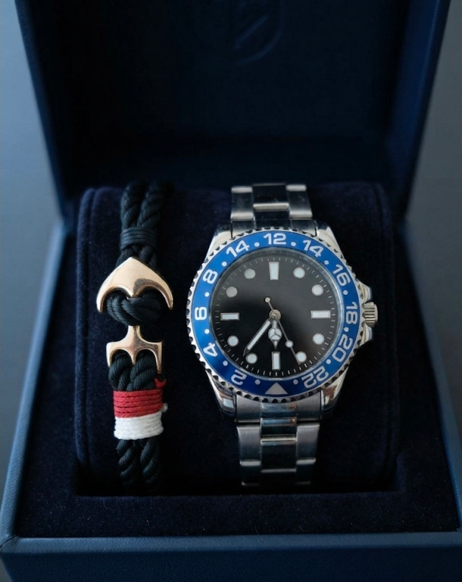 Auriol® Men's Nautical Sport Watch and Anchor Cord Bracelet Gift Set – Stainless Steel Silver Link & Blue-Black GMT Bezel