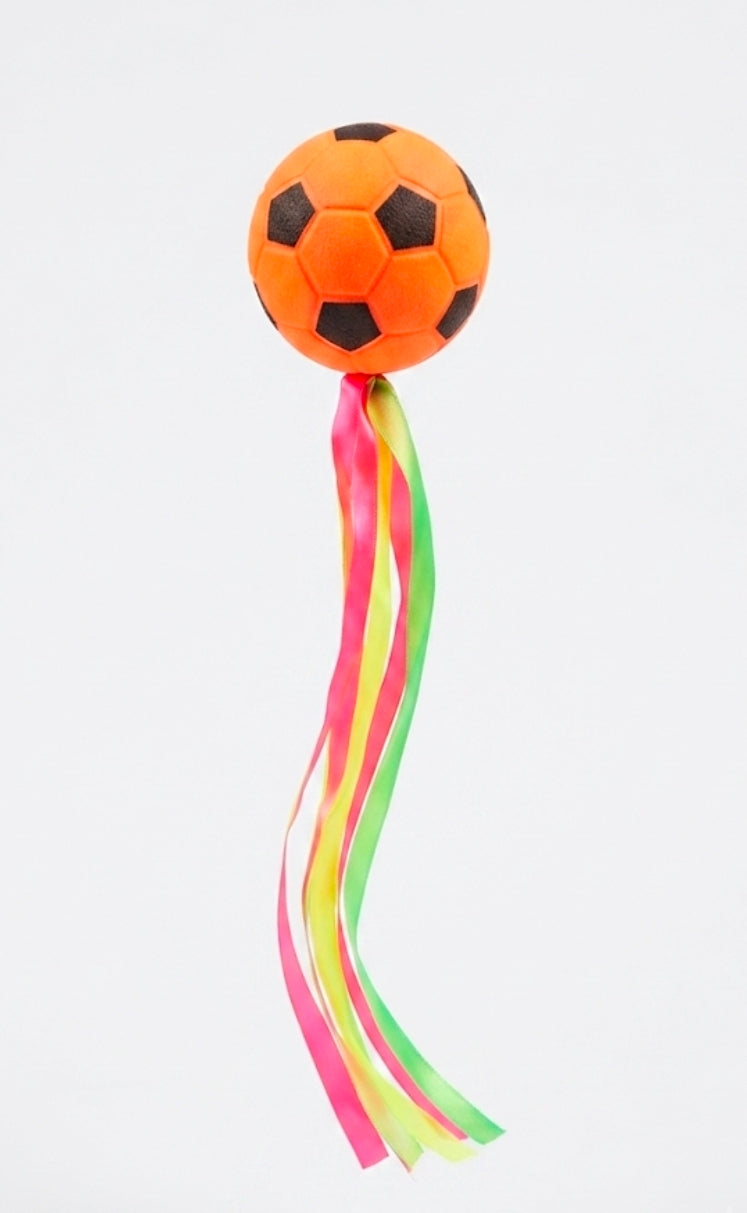 Interactive Neon Soccer Ball Cat & Dog Toy with Multi-Color Ribbon Tail