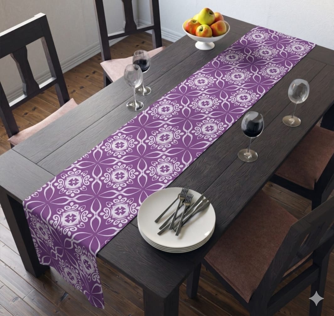 Abakuhaus Purple and White Geometric Pattern Table Runner - Modern Dining Decor