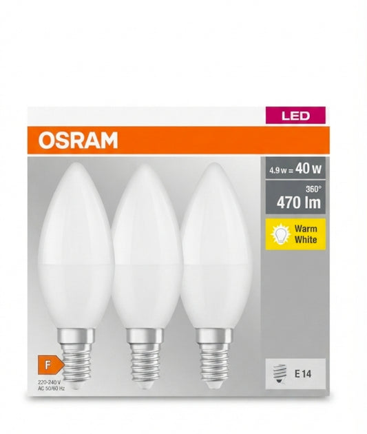 OSRAM E14 LED Candle Bulbs (3-Pack) - 470 Lumen, Warm White, 40W Equivalent