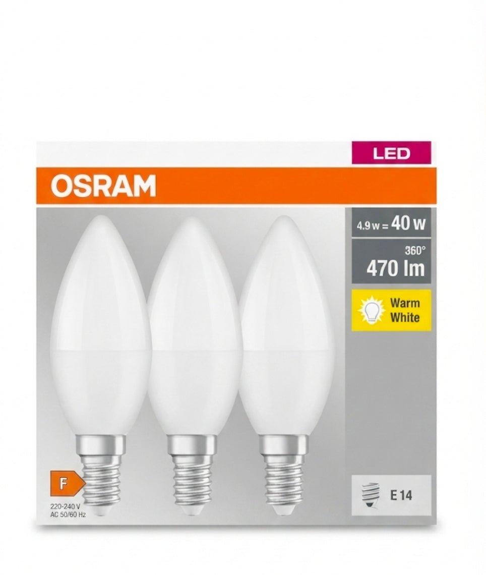 OSRAM E14 LED Candle Bulbs (3-Pack) - 470 Lumen, Warm White, 40W Equivalent