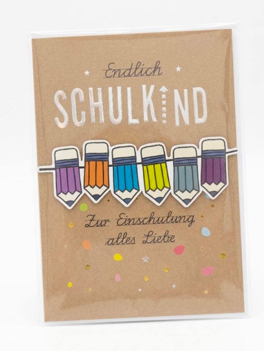 'Schoolchild' Kraft Paper Greeting Card – 'Finally a Schoolchild' / 'Best Wishes on Starting School'