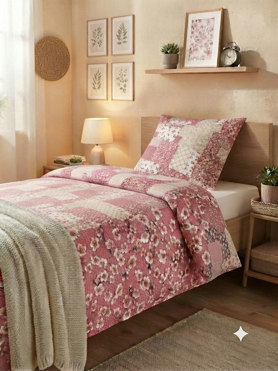 Livarno Home Seersucker Bedding Set (Pink Patchwork/ Floral, 135 x 200 cm)