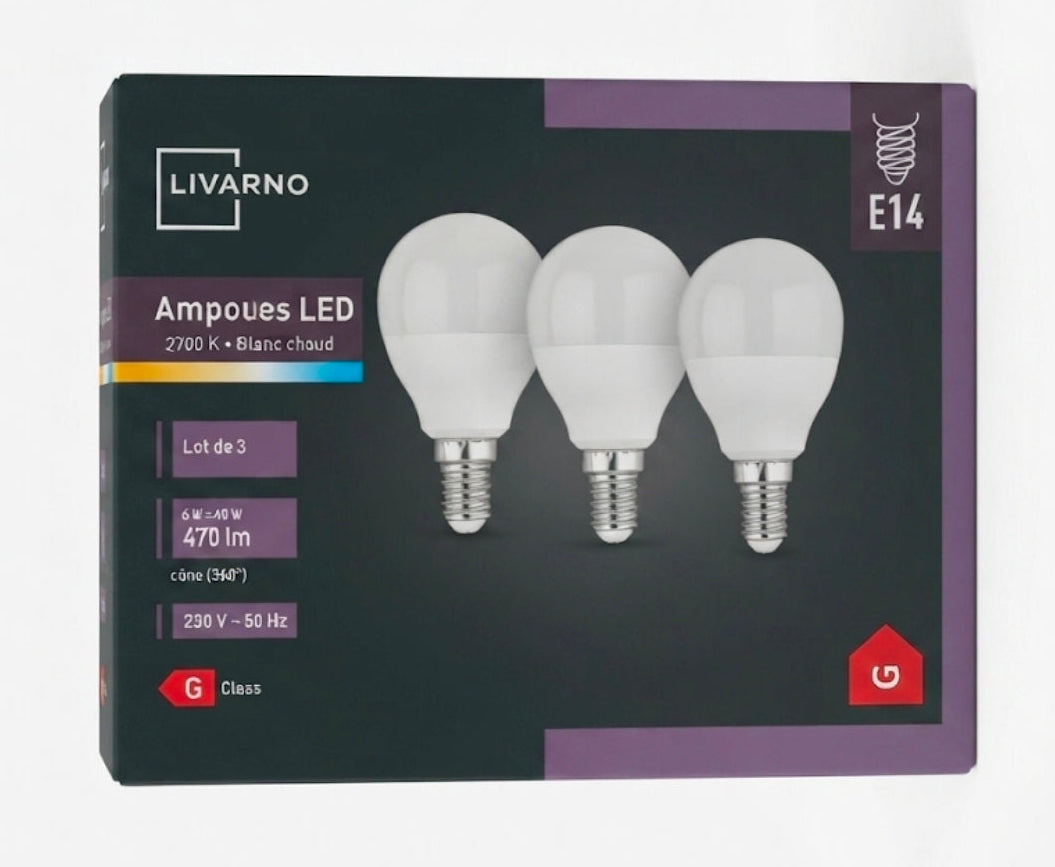 لمبات الإضاءة LED طراز E14 من LIVARNO home – بيضاء دافئة (2700 كلفن)، عبوة من 3 قطع