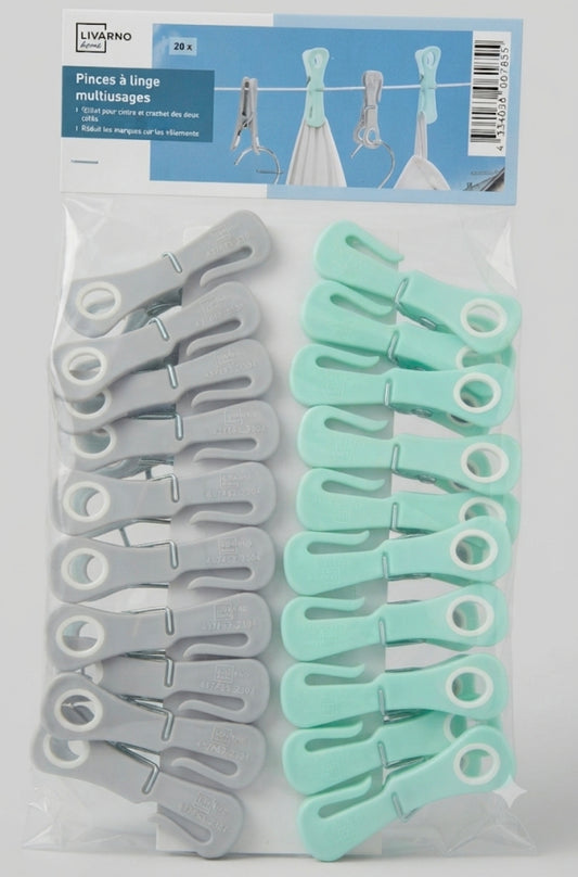LIVARNO home Multi-Purpose Clothes Pegs (20-Pack) – Specialized Laundry Clips with Hanger Hooks
