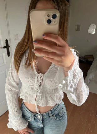 Amisu White Eyelet Tie-Front Peplum Blouse