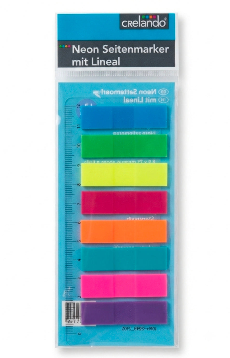 Crelando Neon Page Markers with Integrated Ruler - Set of 7 Vibrant Colors