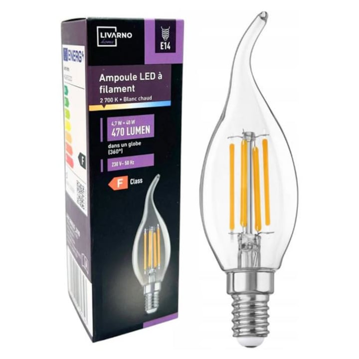 Livarno Home LED Filament Candle Bulb (Flame Shape) – E14, 2700K Warm White, 470 Lumens