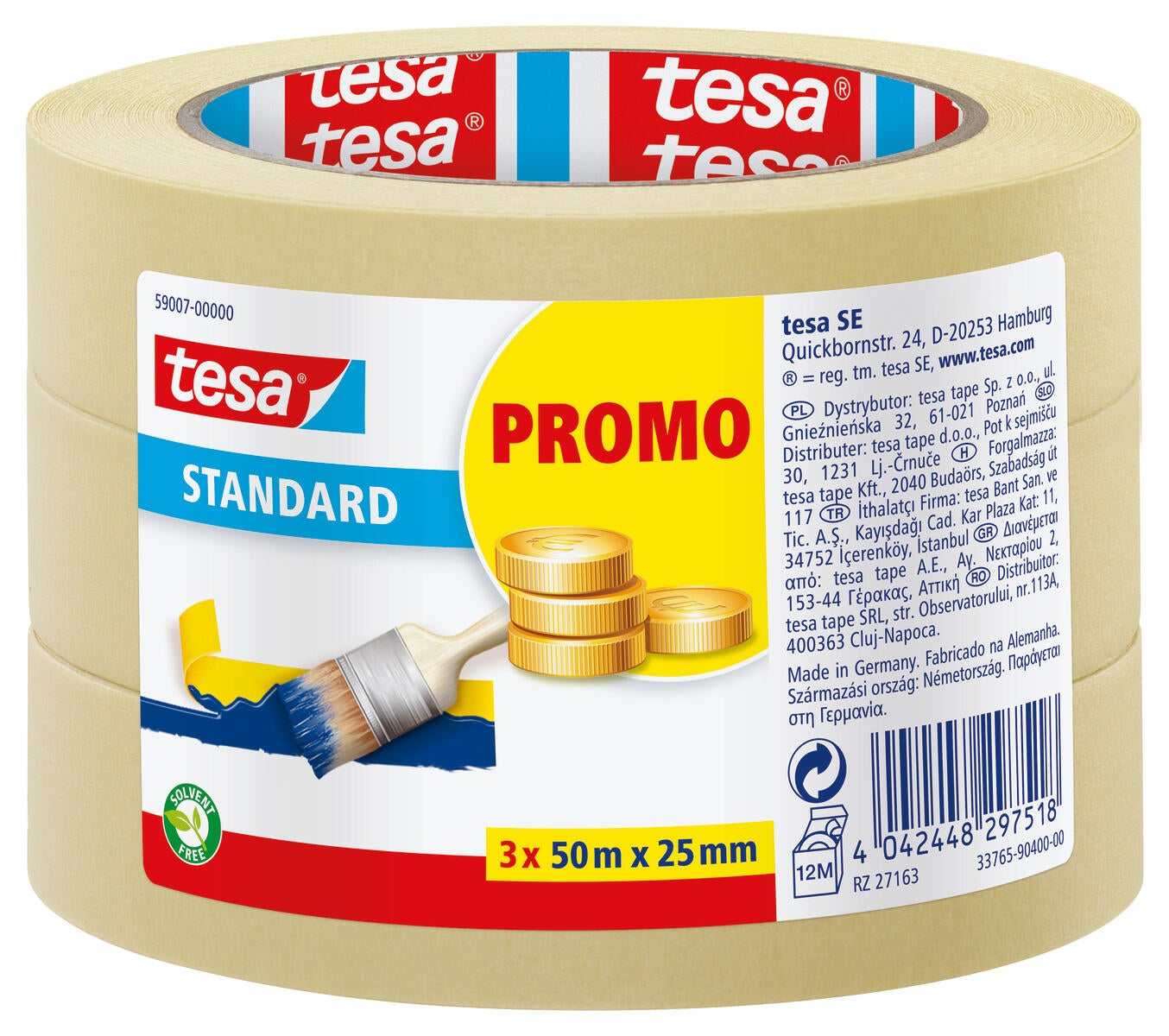 Tesa® | Pack of 3 standard painter's tapes 50 m x 25 mm
