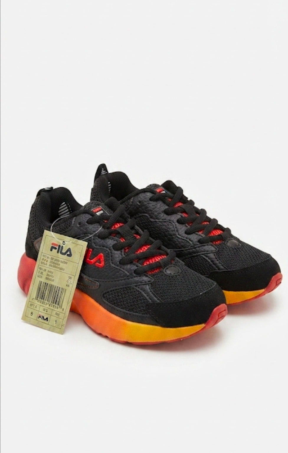 FILA Kids' Retro Athletic Sneakers – Black with Red & Orange Gradient Sole