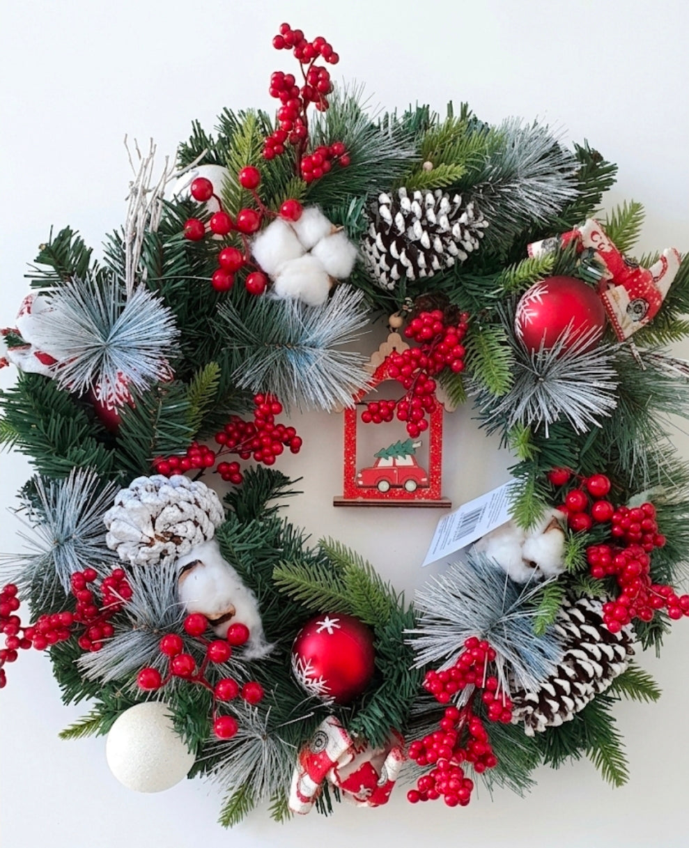 Faux Alpine Wreath with Classic Red Truck and Festive Accent Mix