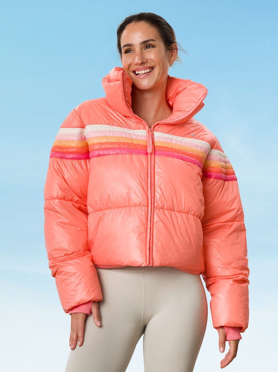 Oceans Apart Coral Sunset Stripe Puffer Jacket - Retro High-Collar Winter Coat