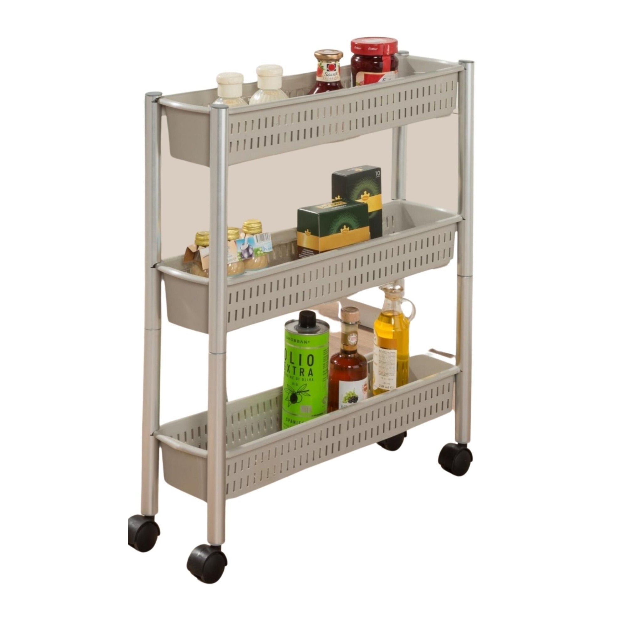 Ruco® Narrow shelves with wheels for bathroom or kitchen, plastic, aluminum