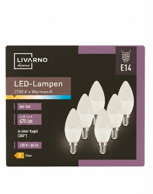 LIVARNO home E14 LED Candle Bulbs (6-Pack) - 470 Lumen, Warm White (2700K), 40W Equivalent