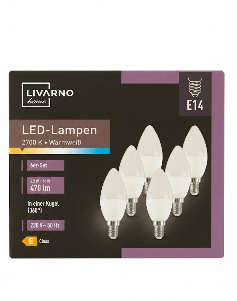 LIVARNO home لمبات شمعة LED E14 (عبوة من 6) - 470 لومن، أبيض دافئ (2700 كلفن)، ما يعادل 40 واط