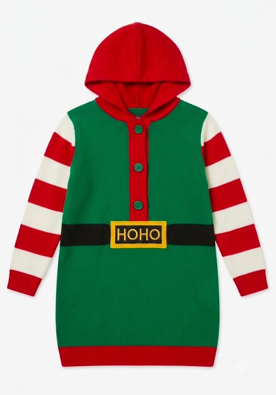 Kids Holiday Elf Hooded Sweater Dress | Festive Christmas Knit Outfit