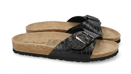 Oyanda Women's Embossed Black Croc Buckle Slide Sandals
